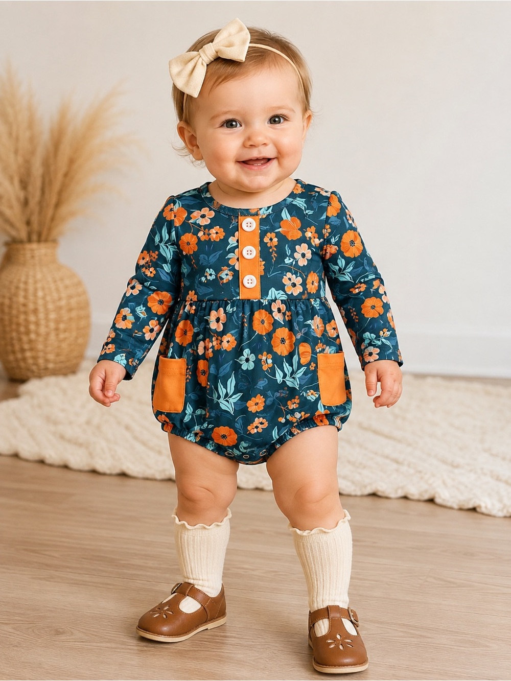 Marie Nicole Baby Girl 12-18M Floral Bubble Romper Long Sleeve NWT Fall